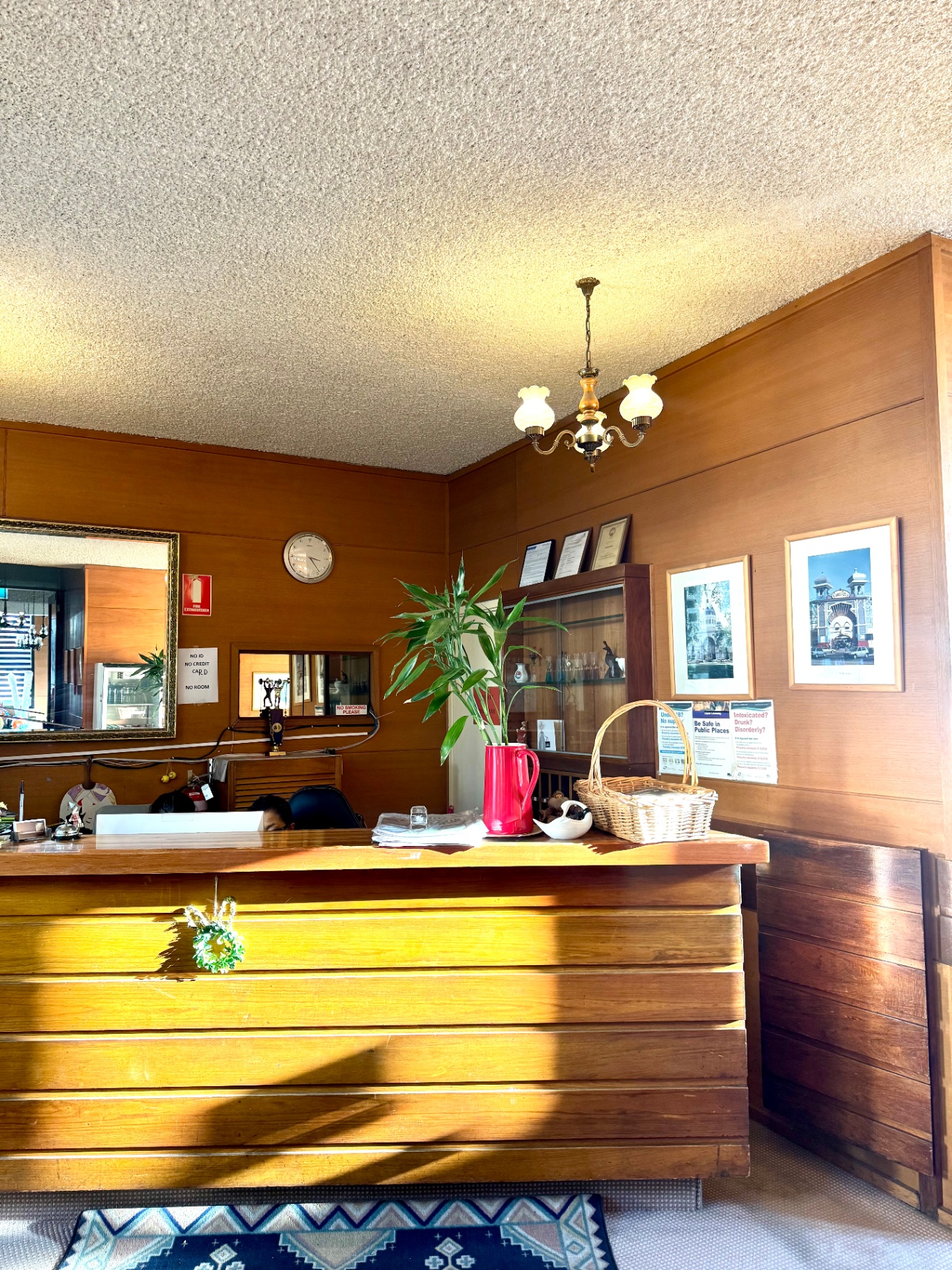 Wood-panelled Pathfinder Motel reception desk